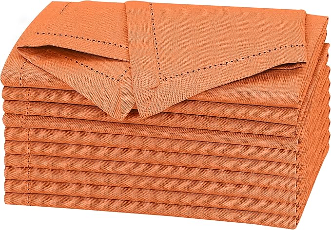 Ruvanti Premium Linen Napkins Set of 4-20x20 Inch, Classic Hemstitch, Mitered Corner Cloth Napkins - Soft, Elegant Dinner Napkins Cloth Washable for Weddings, Parties, Everyday Use - Fall/Orange