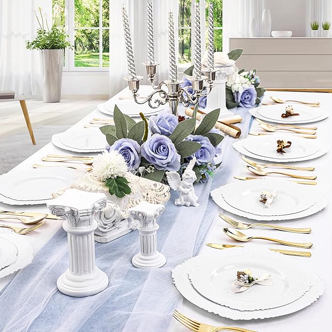 Morejoy 100PCS White Plastic Plates,White Disposable Plates,Include 50 Pieces 10.25 Inch Dinner Plates & 50Pieces 7.5 Inch Dessert Plates,Perfect for Weddings & Party