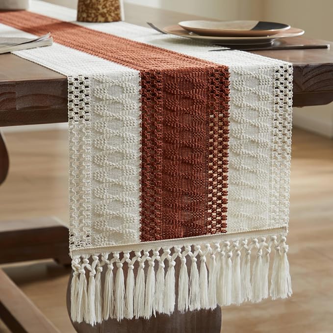 Macrame Style Bicolor Stitching Table Runner 14x48in Terracota | Woven Boho - Image 7