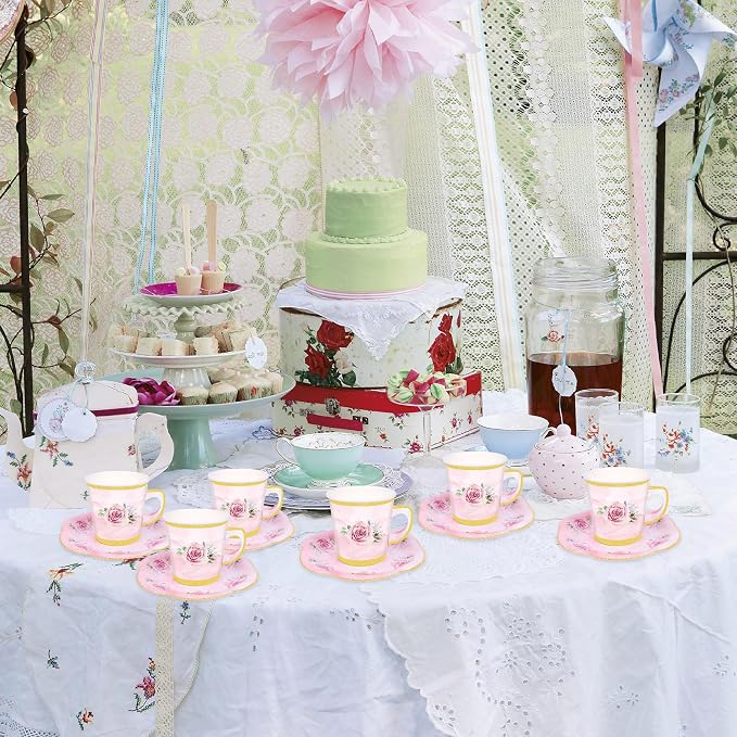100 Pcs Paper Tea Cups and Plates Pink Floral Disposable Paper Teacups and - Image 7