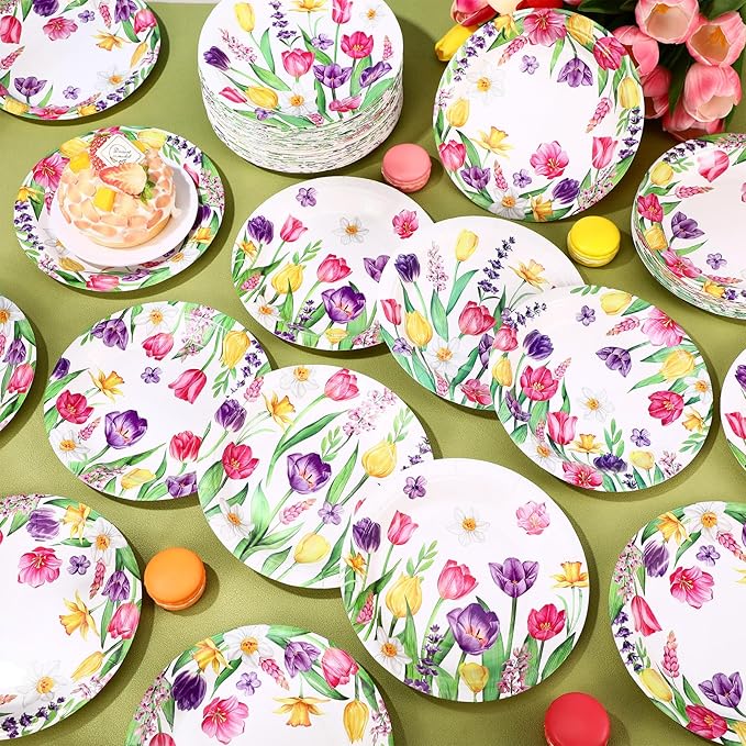 120 Pcs Spring Floral Paper Plate 7 Inch Floral Party Plate Tulip Paper Plates - Image 6
