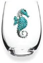 THE QUEENS' JEWELS Blue Seahorse Jeweled Stemless Wine Glass, 21 oz. - Unique Gift for Women, Birthday, Cute, Fun, Not Painted, Decorated, Bling, Bedazzled, Rhinestone