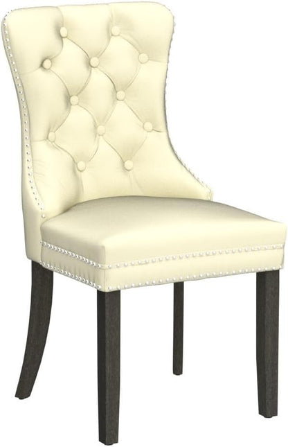 KCC Faux Leather Dining Chairs Set of 2, Upholstered High-end Tufted Dining Room Chair with Nailhead Back Ring Pull Trim Solid Wood Legs, Contemporary Nikki Collection Modern Style for Kitchen, Beige