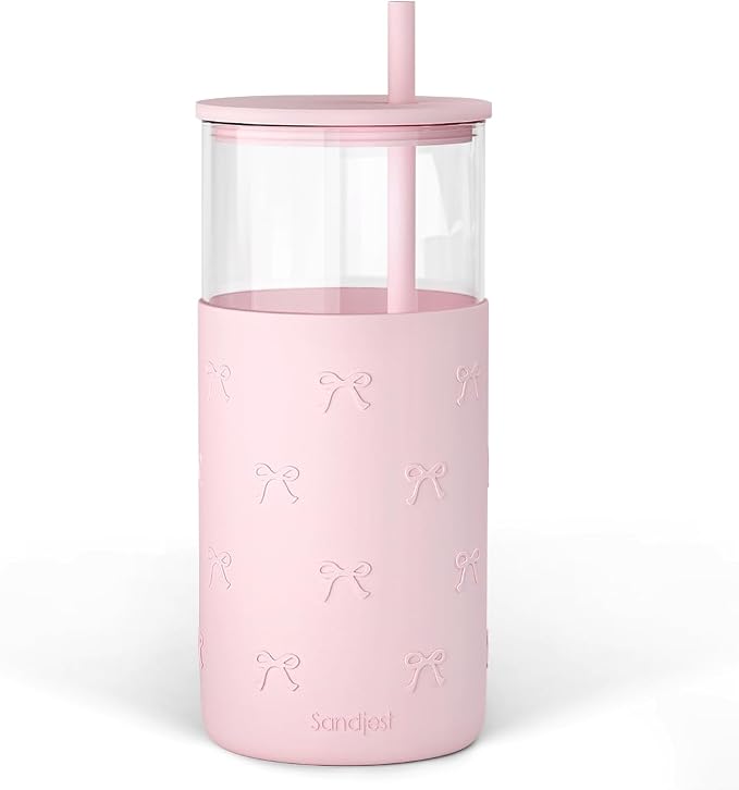 SANDJEST Glass Tumbler with Straw and Lid, Bow Glass Water Bottle with Silicone by SANDJEST