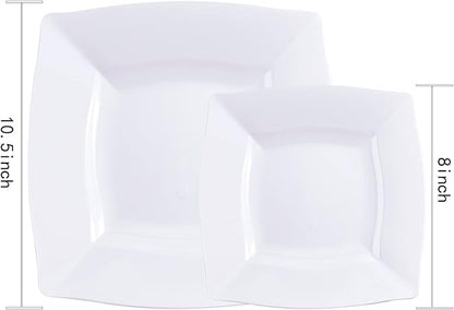 Morejoy 60 Pcs White Square Plastic Plates - White Disposable Dinner Plates 10.5" - Premium Appetizer Plate - Dessert/Salad Plate 9“ for Wedding & Birthday & Party