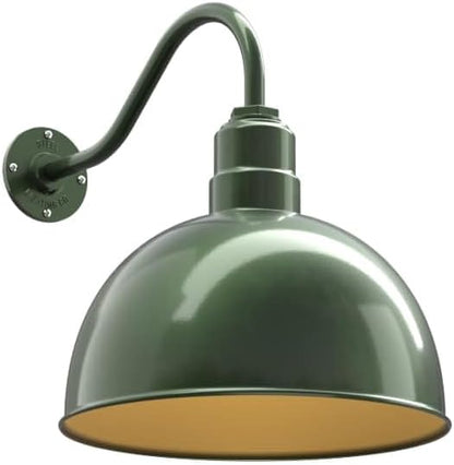 Steel Lighting Co. Hollywood Bowl Light | Outdoor Wall Mounted | 15 inch Bowl Dome | 16" Gooseneck | Barn Light Made in America | Hunter Green Exterior/Brass Interior