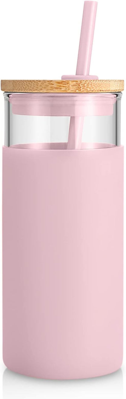 Tronco 20 oz Glass Tumbler with Lid and Straw, Iced Coffee Cup and Smoothie Cup with Bamboo Lids & Protective Silicone Sleeve, Dishwasher Safe, BPA-Free, Pink 1 Pack