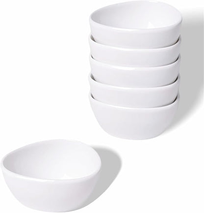 LEETOYI Mini Ceramic Ramekins Souffle Dishes 1.5 OZ, Small Dipping Bowls, Sauce Dip Bowls for Kitchen Serving Sauce Condiments, Oven & Microwave Safe, Set of 6, White