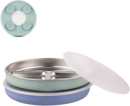 Elk and Friends Stainless Steel Divided Plates with Silicone Sleeve for Babies & Toddlers | Lids Included | Stay Put Suction | Dinner & Snack Plates | 2 Pack