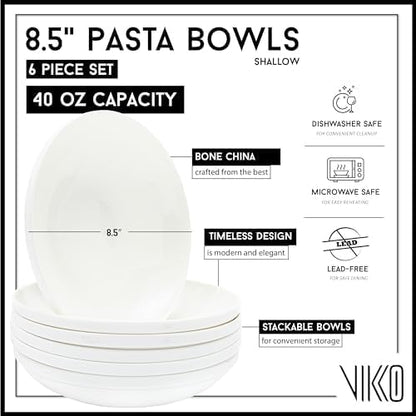 Vikko Pasta Bowls, 8.5 Inch Salad Bowls, White Soup Bowls, Fine Bone China Pasta Bowls, Set of 6, Microwave and Dishwasher Safe