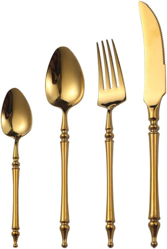 Gold Silverware Set for 8 Premium 18/10 Stainless Steel Flatware Set 32 Piece Include Knives Forks and Spoons Cutlery Utensils Light Luxury Vintage Style for Home Kitchen Christmas Restaurant