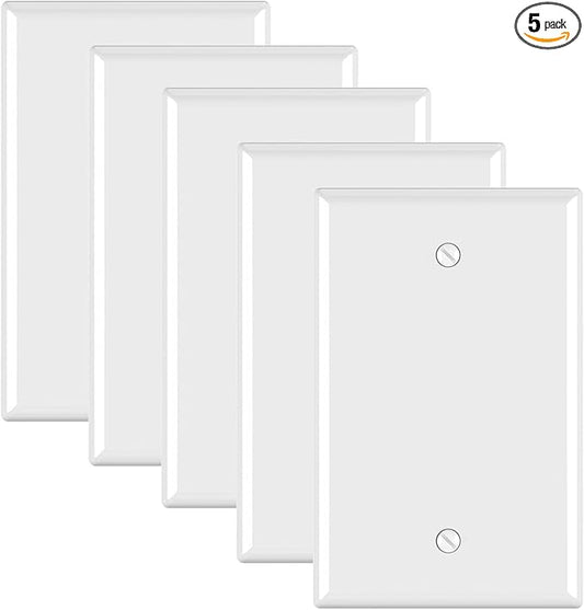 ELEGRP 1-Gang Blank Device Wall Plates, Mid-Size 4.88" H x 3.13" L Unbreakable Thermoplastic Blank Faceplate Cover for Unused Outlets/Switches, UL Listed (5 Pack, Glossy White)