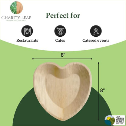 Charity Leaf Disposable Palm Leaf 8" Heart Plates (50 pieces) Bamboo Like Serving Platters, Disposable Boards, Eco-Friendly Dinnerware For Weddings, Catering, Events