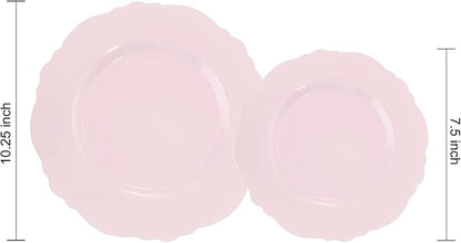 WDF 60pcs Pink Plastic Plates - Baroque Pink Disposable Plates Including 30 Dinner Plates 10.25inch, 30 Dessert Plates 7.5inch for Upscale Valentine's Day, Wedding, Parties