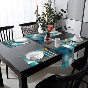 Emvency Table Runner and Placemats Set of 6, Farmhouse Abstract Teal | Grey - Image 7