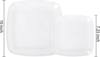 PULOTE 100PCS White Plastic Plates - White Square Disposable Include 50 Dinner 10 inch & 50 Dessert 7.25inch Plates, Ideal for Party & Wedding