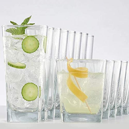 Le'raze Everyday Drinking Glasses Set of 8 Drinkware Kitchen Glasses for Cocktail, Iced Coffee, Beer, Ice Tea, Wine, Whiskey, Water, 4 Tall Highball Glass Cups & 4 Short Old Fashioned.