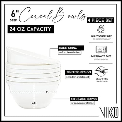 Vikko Cereal Bowls, Large 24 Ounce Dessert Bowls, White Cereal Bowls, Fine Bone China Bowls, Set of 4, Microwave and Dishwasher Safe