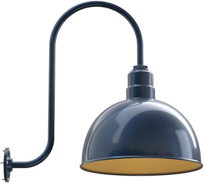 Steel Lighting Co. Hollywood Bowl Light | Outdoor Wall Mounted | 15 inch Bowl Dome | Upward Sloping Gooseneck | Barn Light Made in America | Gray Blue Exterior/Brass Interior