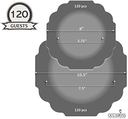 " OCCASIONS " 240 Plates Pack (120 Guests) Heavyweight Wedding Party Disposable Plastic Plates Set -120 x 10.5'' Dinner + 120 x 8'' Salad/Dessert Plate (Imperial in White & Silver Rim)
