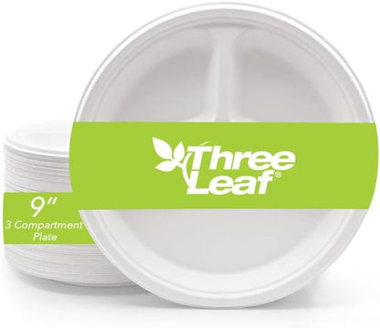 three leaf 9" 3 COMPARTMENT BAGASSE ROUND PLATE, 18,000 Ct. (36 cases x 500 plates) Heavy-Duty- Super Strong- Natural- Eco-Friendly Disposable Bagasse Plates