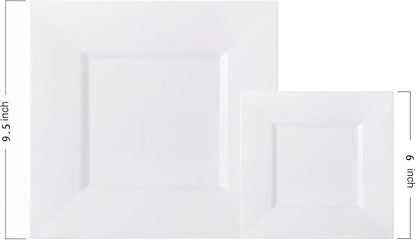 Liacere 100PCS White Square Plastic Plates - 50PCS Heavy Duty 9.5inch Dinner Plates and 50PCS 6inch Dessert Plates - Durable Fancy White Disposable Plates for Party & Wedding