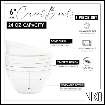 Vikko Cereal Bowls, Large 24 Ounce Dessert Bowls, White Cereal Bowls, Fine Bone China Bowls, Set of 4, Microwave and Dishwasher Safe