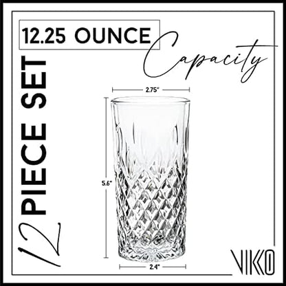 Vikko Drinking Glass, Set of 12 Crystal Style Tall Beverage Glasses, 12.25 Ounce Old Fashioned Highball Glasses, Dishwasher Safe Textured Collins Glass