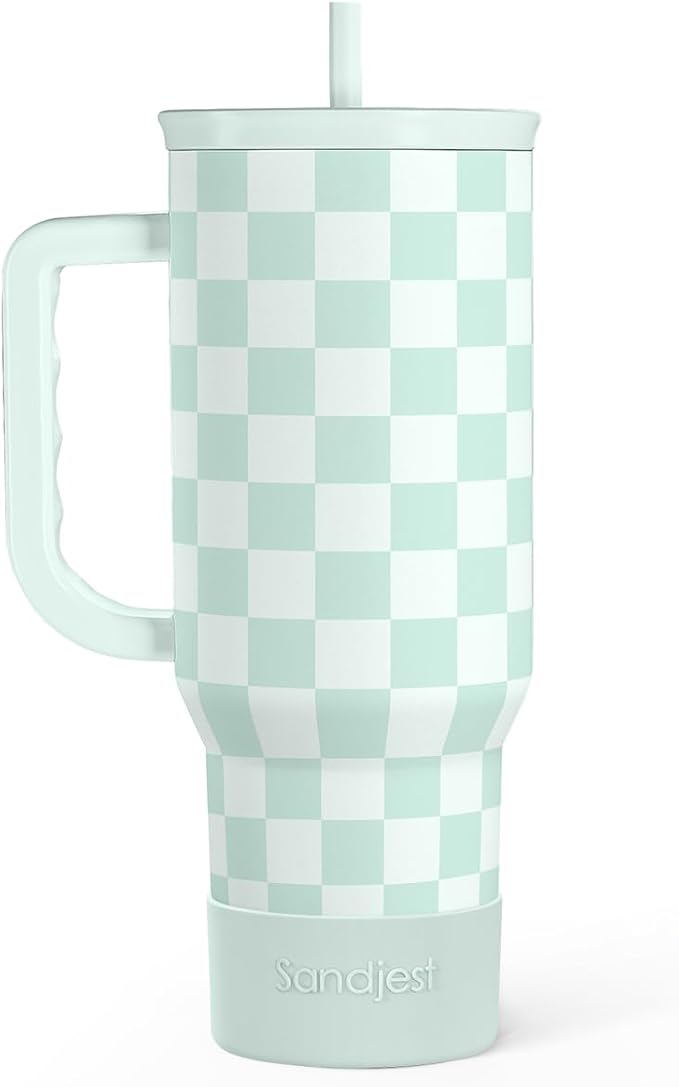 Checkered Tumbler with Handle 40oz, Mint Checker Cup Stainless Steel Insulated by SANDJEST