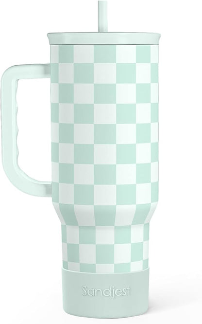 Checkered Tumbler with Handle 40oz, Mint Checker Cup Stainless Steel Insulated by SANDJEST