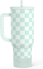 Checkered Tumbler with Handle 40oz, Mint Checker Cup Stainless Steel Insulated by SANDJEST