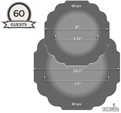 " OCCASIONS " 120 Plates Pack,(60 Guests) Heavyweight Premium Wedding Party Disposable Plastic Plates Set -60 x 10.5'' Dinner + 60 x 8'' Salad/Dessert(Imperial in Light Pink & Gold)