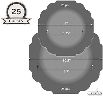 " OCCASIONS " 50 Plates Pack (25 Guests)-Heavyweight Wedding Party Disposable Plastic Plate Set -(25x10.5'' Dinner + 25x8'' Salad/dessert (Imperial in Black & Gold)