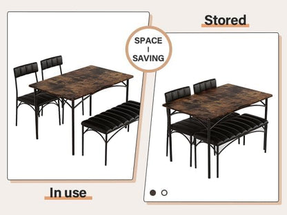 4 EVER WINNER Dining Table Set for 4, Kitchen Table with Upholstered Bench and 2 Chairs, Dining Room Table Set for Small Space, Apartment, Kitchen, Rustic Brown