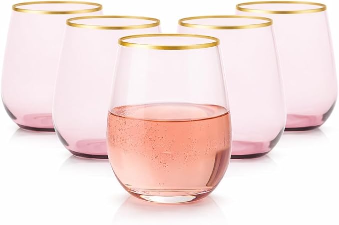 Oojami 40 Pack Diamond Disposable Wine Glasses Stemless 12 oz Pink Gold | by Oojami