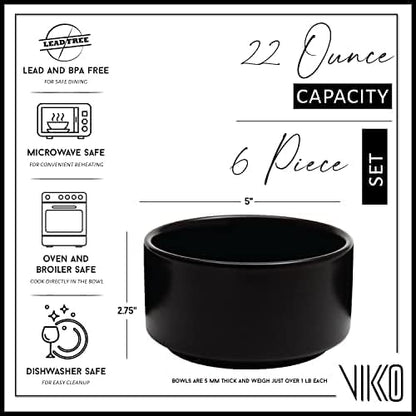 Vikko Modern Soup Bowls, Set of 6 Black Matte Porcelain Bowls, Large Size 22 oz Elegant Restaurant Style Soup Bowl Set, Microwave and Dishwasher Safe
