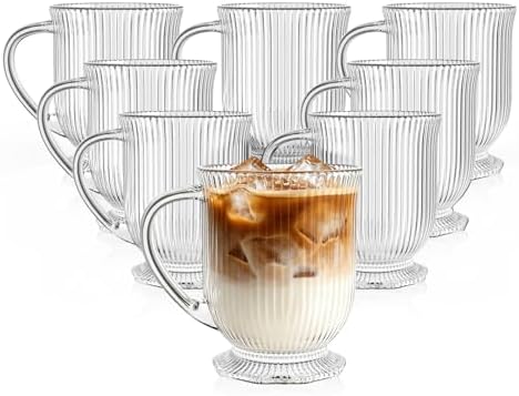 KEMORELA 16oz Ribbed Glass Coffee Mugs Set, Large Glass Mugs by KEMORELA
