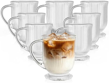 KEMORELA 16oz Ribbed Glass Coffee Mugs Set, Large Glass Mugs by KEMORELA