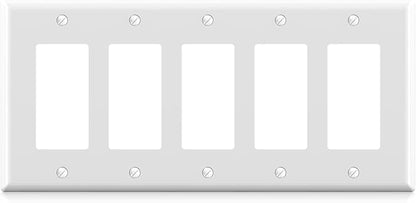 ELEGRP 5-Gang Decorative Wall Plates, Standard Size 4.52" H x 10.03" L Unbreakable Thermoplastic Faceplate Cover for Decorator Receptacle Outlet Switch, UL Listed (1 Pack, Glossy White)