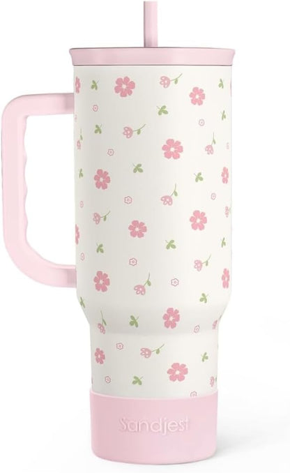 Floral 40oz Tumbler with Handle and Straw – Flowers Insulated Stainless Steel by SANDJEST