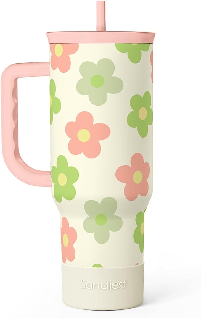 SANDJEST Daisy Tumbler with Handle 40oz, Floral Cup Stainless Steel Insulated by SANDJEST