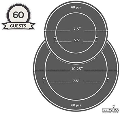 " OCCASIONS " 120 Plates Pack,(60 Guests) Premium Wedding Party Disposable Plastic Plates Set -60 x 10.25'' Dinner + 60 x 7.5'' Salad/Dessert (Dali, White & Gold)
