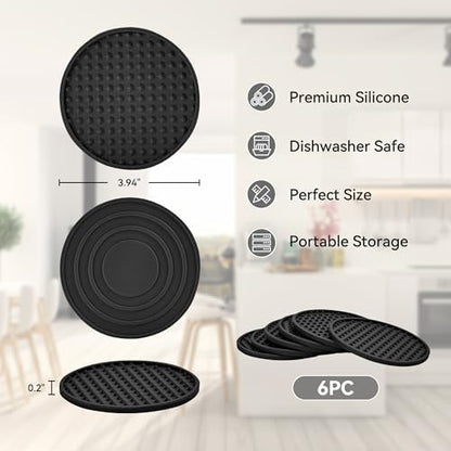 Coasters for Drinks, Silicone Coasters Set of 6 with ABS Holder, Outdoor Coaster for Coffee Table, Non-Slip Rubber Table Cup Mat Desk, Heat Resistant & Scratch-Proof (Black)
