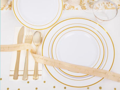 GATHER 176 Pieces Gold Dinnerware Disposable - White and Gold Plastic Plates Includes 50 Plates, 25 Plastic Silverware, 25 Napkins, 25 Cups and 1 Tablecloth for Wedding Party