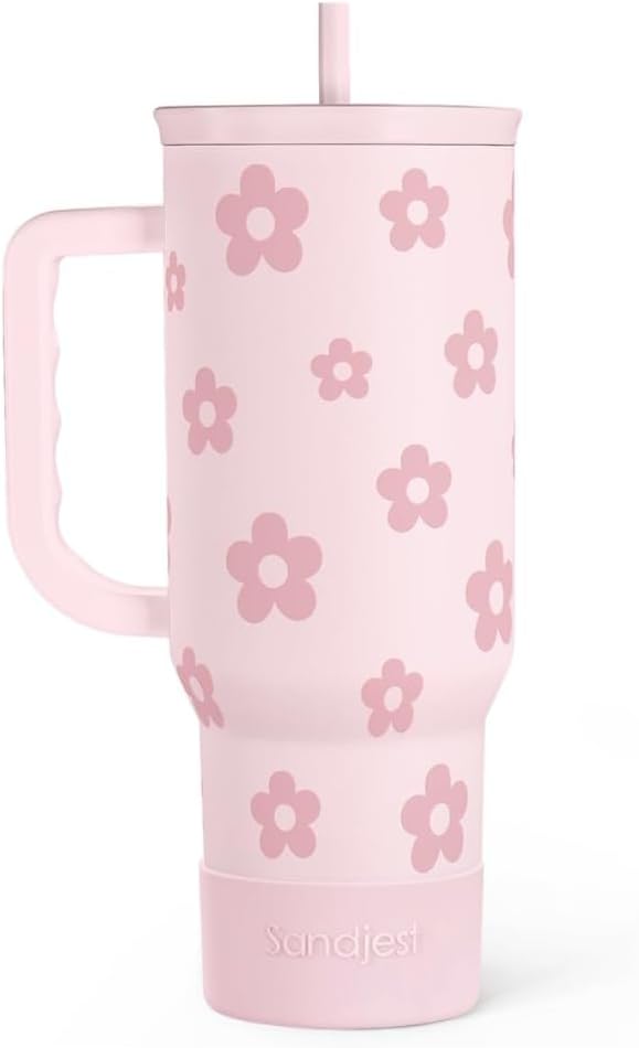Floral Tumbler with Handle and Straw 40oz Stainless Sleel Slider Tumbler Travel by SANDJEST