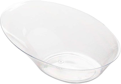Restaurantware 4 x 2.9 x 1.3 Inch Mini Tasting Dishes 100 Disposable Mini Dessert Dishes - Oval Ellipse Design Clear Plastic Appetizer Dishes Serve Samples or Snacks For Parties or Weddings