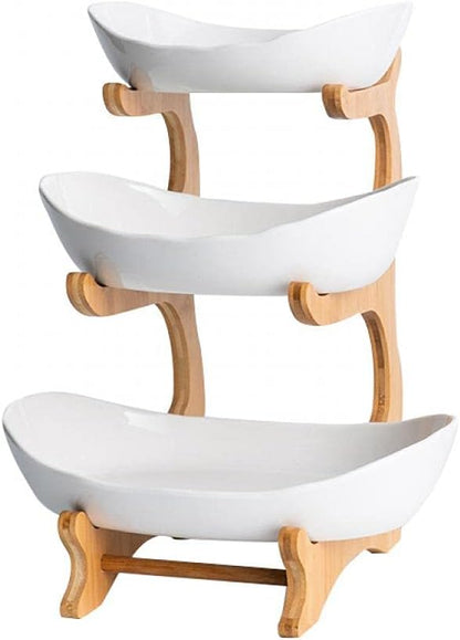 jessie 3 Tier Fruit Basket,Ceramic Large Capacity Tiered Fruit Basket Stand,Bamboo Fruit Serving Tray Snacks Nuts Bread Candy Storage Holder (White porcelain)