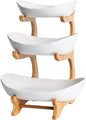 jessie 3 Tier Fruit Basket,Ceramic Large Capacity Tiered Fruit Basket Stand,Bamboo Fruit Serving Tray Snacks Nuts Bread Candy Storage Holder (White porcelain)