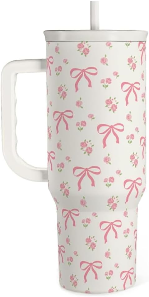 Bow Tumbler with Handle 40oz, Stainless Steel Insulated Tumblers Coffee Travel by SANDJEST