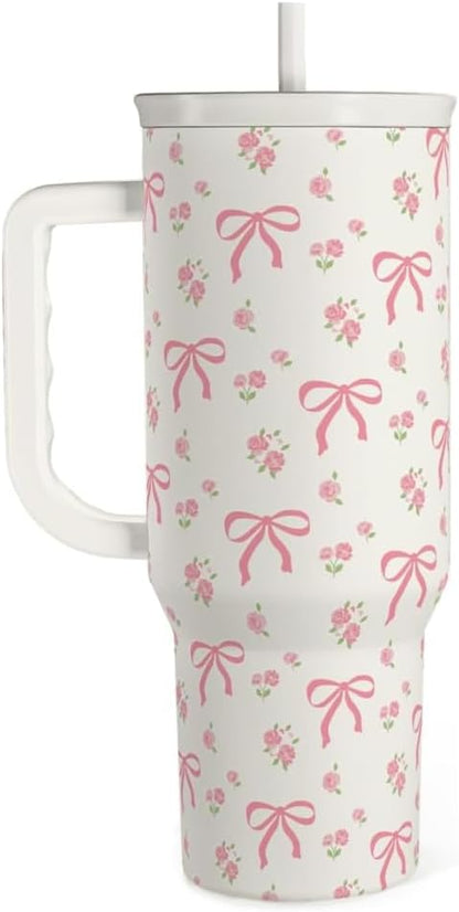 Bow Tumbler with Handle 40oz, Stainless Steel Insulated Tumblers Coffee Travel by SANDJEST
